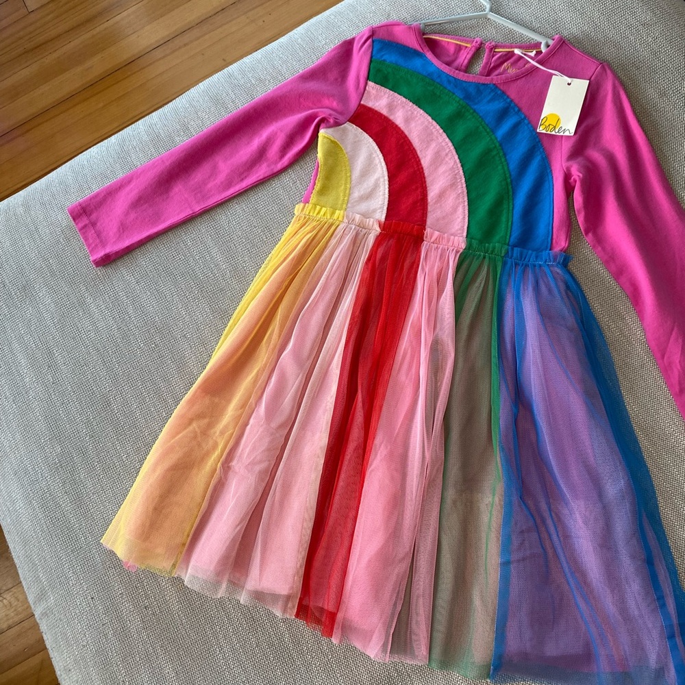 Mini Boden. Girls Pink Rainbow Dress size 6-7. Rainbow tulle. Never worn.